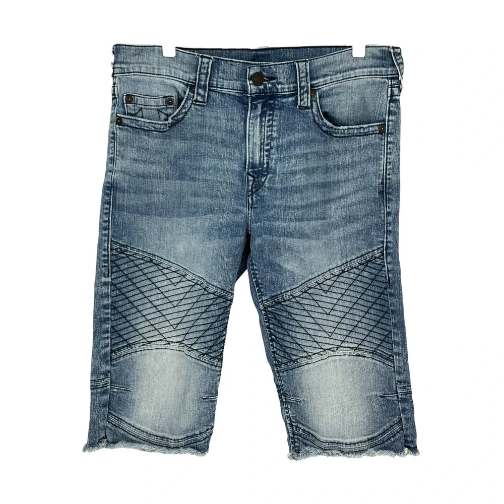 True Religion Geno Moto Shorts Blue Chevron Stitch Relaxed‎ Slim 36
